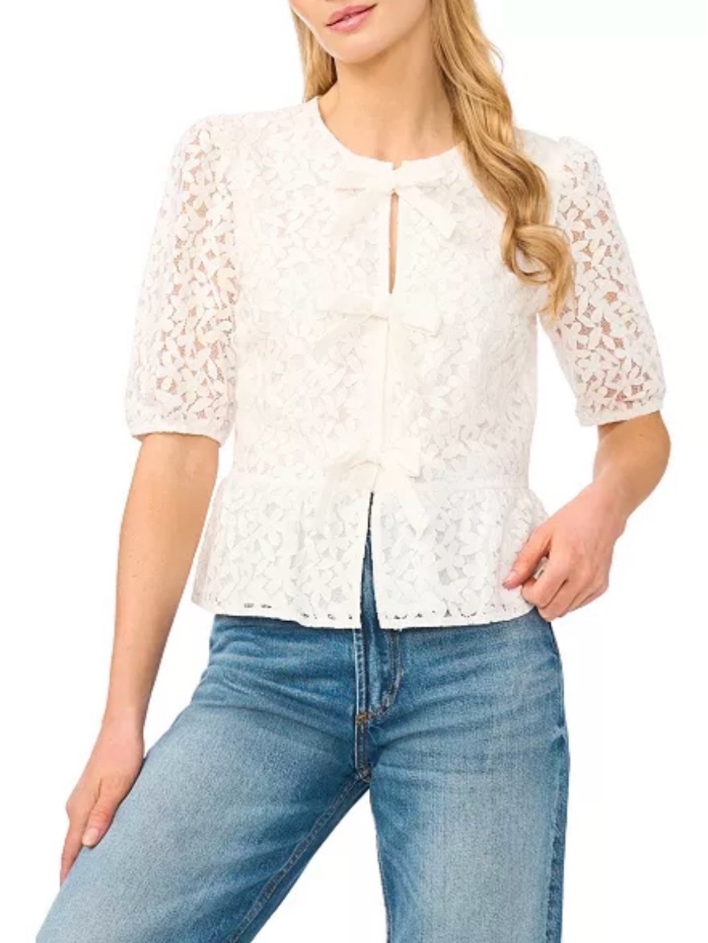 CeCe Ivory Floral Lace Tie-Front Peplum Top